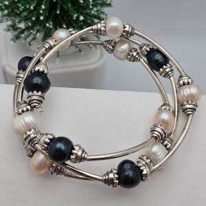 Natural Pearl Silver Tone Bracelet Black Pink & White Adjustable Freshwater